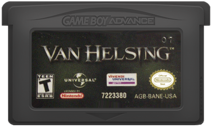 Van Helsing for Game Boy Advance (GBA), cartridge for a retro video game featuring action-adventure gameplay, monster hunting combat, side-scrolling levels, supernatural enemies, and movie-inspired gothic fantasy battles