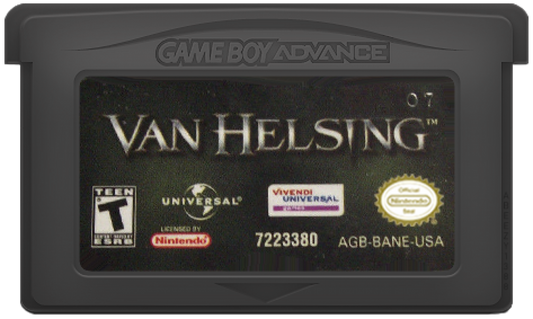 Van Helsing for Game Boy Advance (GBA), cartridge for a retro video game featuring action-adventure gameplay, monster hunting combat, side-scrolling levels, supernatural enemies, and movie-inspired gothic fantasy battles