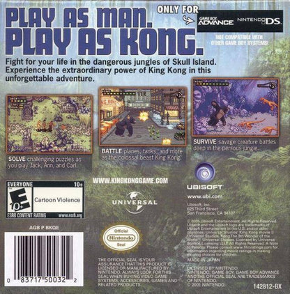 Kong 8th Wonder of the World for Game Boy Advance (GBA), back of case for a retro video game featuring action-adventure gameplay, side-scrolling combat, jungle exploration, movie-inspired battles, and creature-based challenges
