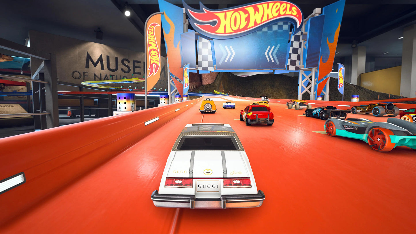 Hot Wheels Unleashed Nintendo Switch inspired design featuring high speed arcade racing aesthetic miniature die cast vehicles gravity defying tracks thrilling stunts competitive multiplayer action vibrant environments and fast paced racing gameplay presentation gameplay 