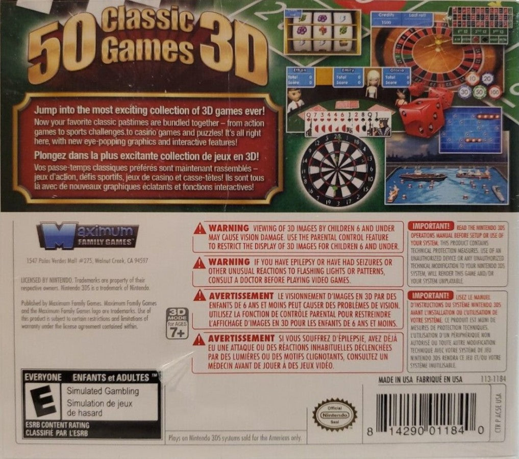 50 Classic Games back of case for Nintendo 3DS (3DS) puzzle and card compilation video game