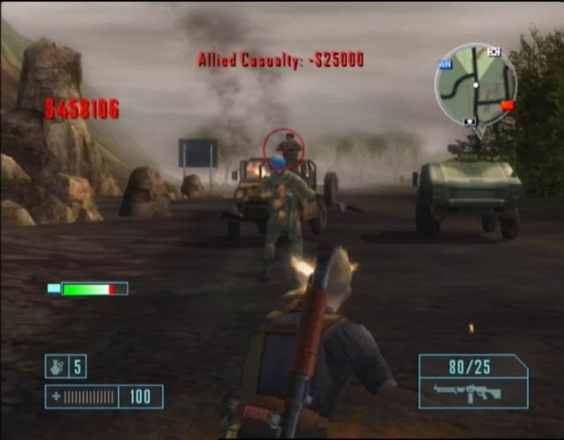 Mercenaries: Playground of Destruction PlayStation 2 gameplay featuring explosive open-world combat with soldiers, vehicles, and destructible environments.