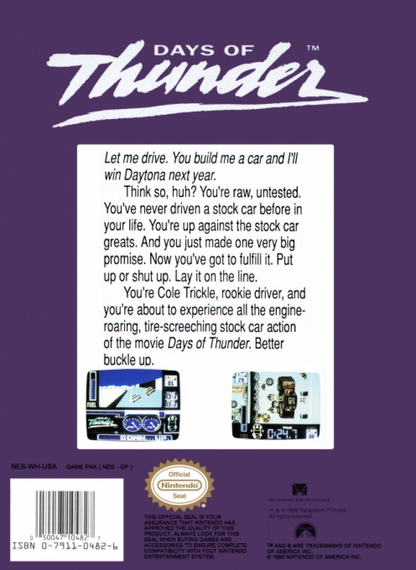 Days of Thunder back of box for Nintendo Entertainment System (NES) retro video game