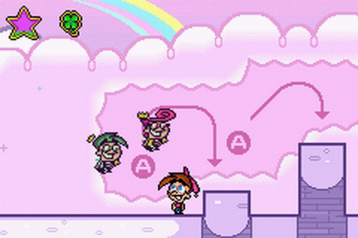 The Fairly OddParents Shadow Showdown for Game Boy Advance, gameplay for a retro video game featuring side-scrolling platforming gameplay, magical abilities, cartoon-style action, and character-based adventure challenges