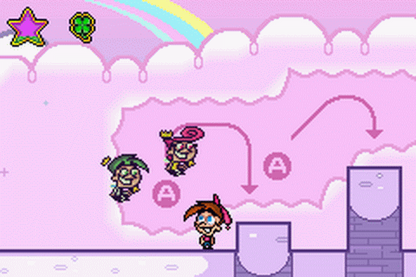 The Fairly OddParents Shadow Showdown for Game Boy Advance, gameplay for a retro video game featuring side-scrolling platforming gameplay, magical abilities, cartoon-style action, and character-based adventure challenges
