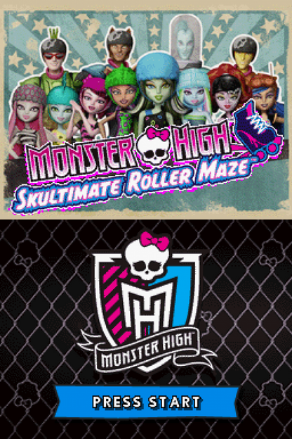 Monster High: Skultimate Roller Maze start screen for Nintendo 3DS (3DS) roller-skating racing video game