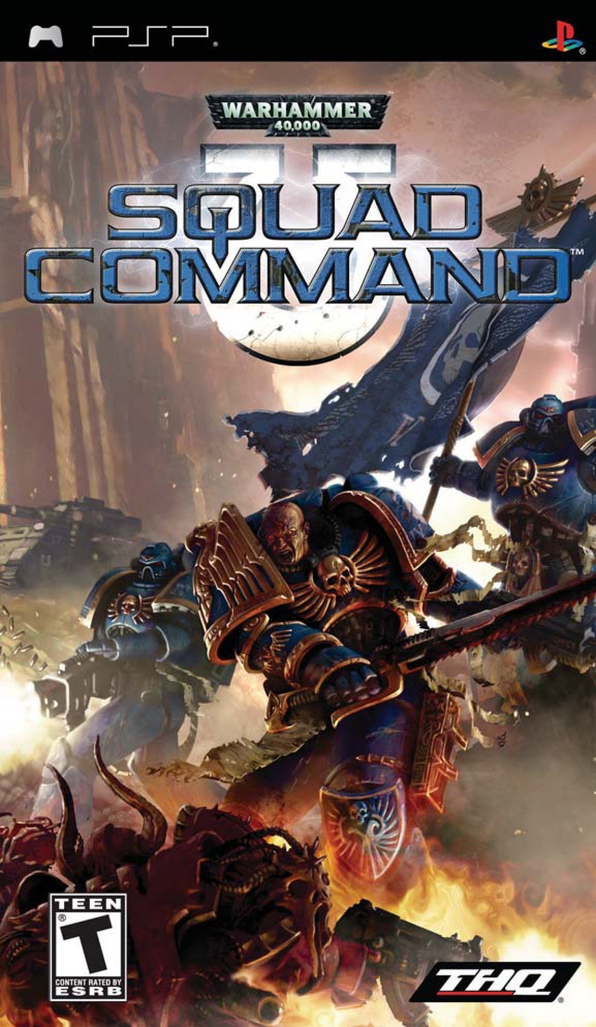Warhammer 40000 Squad Command PSP inspired design featuring tactical strategy warfare aesthetic elite Space Marine squads turn based battlefield combat futuristic military action grimdark sci fi setting strategic mission planning and immersive Warhammer gameplay presentation cover art
