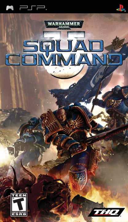 Warhammer 40000 Squad Command PSP inspired design featuring tactical strategy warfare aesthetic elite Space Marine squads turn based battlefield combat futuristic military action grimdark sci fi setting strategic mission planning and immersive Warhammer gameplay presentation cover art