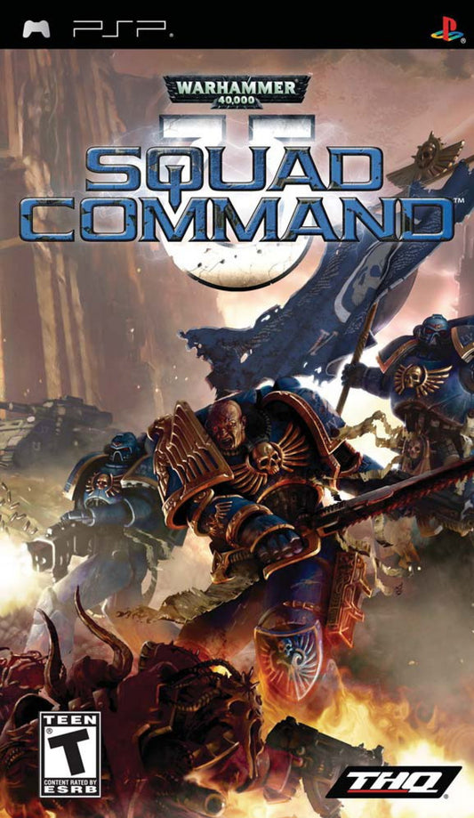 Warhammer 40000 Squad Command PSP inspired design featuring tactical strategy warfare aesthetic elite Space Marine squads turn based battlefield combat futuristic military action grimdark sci fi setting strategic mission planning and immersive Warhammer gameplay presentation cover art