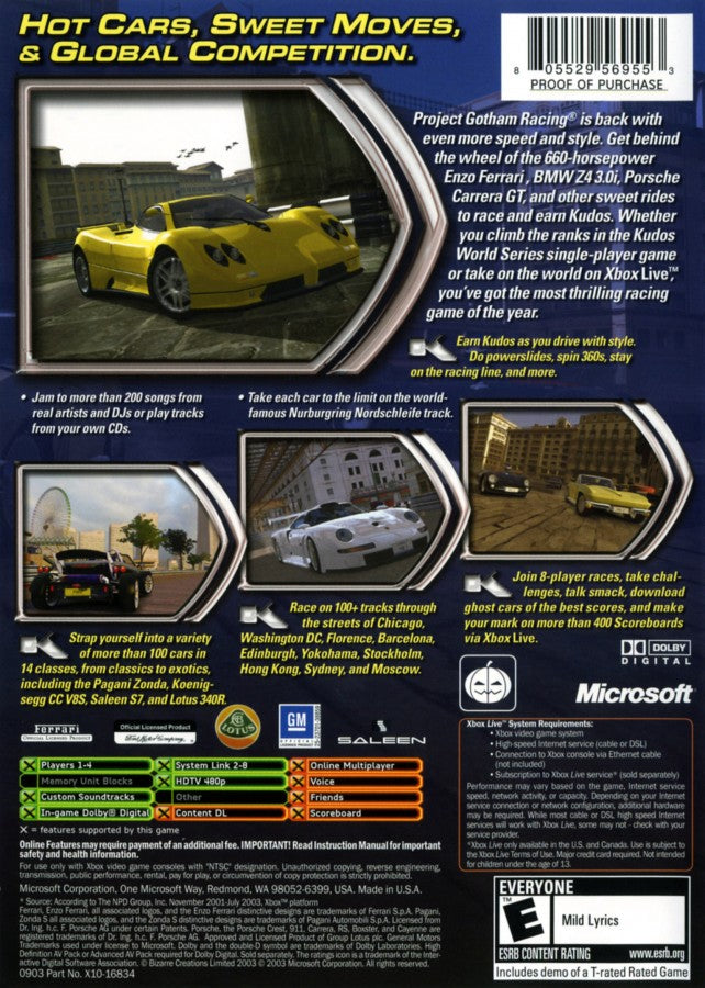 Project Gotham Racing 2 Xbox for retro video game enthusiasts featuring arcade style racing gameplay high performance vehicles skill based driving mechanics international city circuits competitive multiplayer modes realistic automotive action and collectible gaming appeal back cover