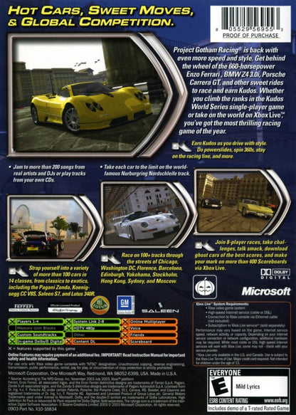 Project Gotham Racing 2 Xbox for retro video game enthusiasts featuring arcade style racing gameplay high performance vehicles skill based driving mechanics international city circuits competitive multiplayer modes realistic automotive action and collectible gaming appeal back cover