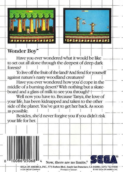 Wonder Boy Sega Master System SMS for classic platforming adventure video game fans featuring side scrolling action colorful environments challenging levels enemy battles power ups fruit collectibles skateboarding sections and fast paced arcade style gameplay collectible retro gaming appeal back cover art