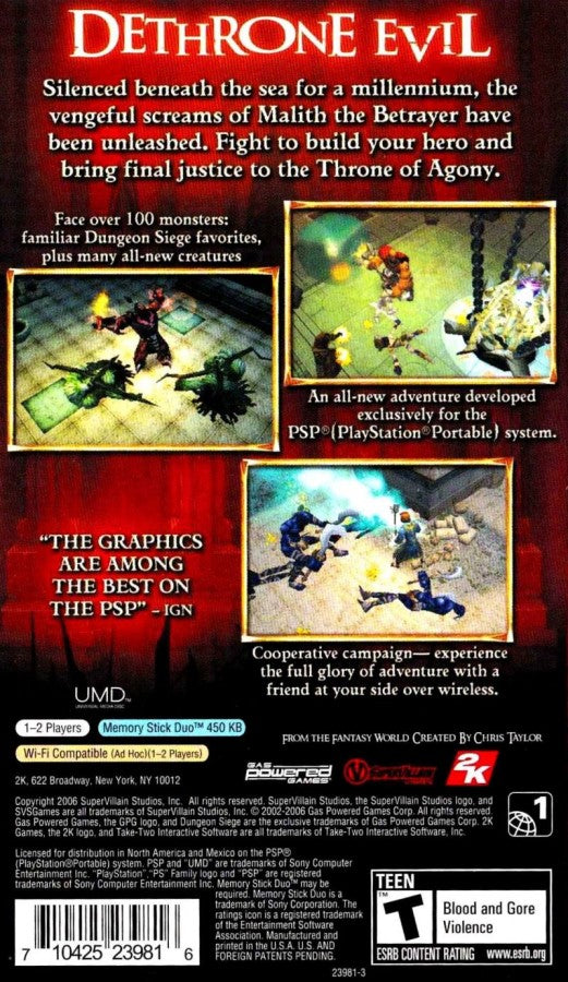 Dungeon Siege: Throne of Agony – PlayStation Portable (PSP) back of case for action role-playing video game