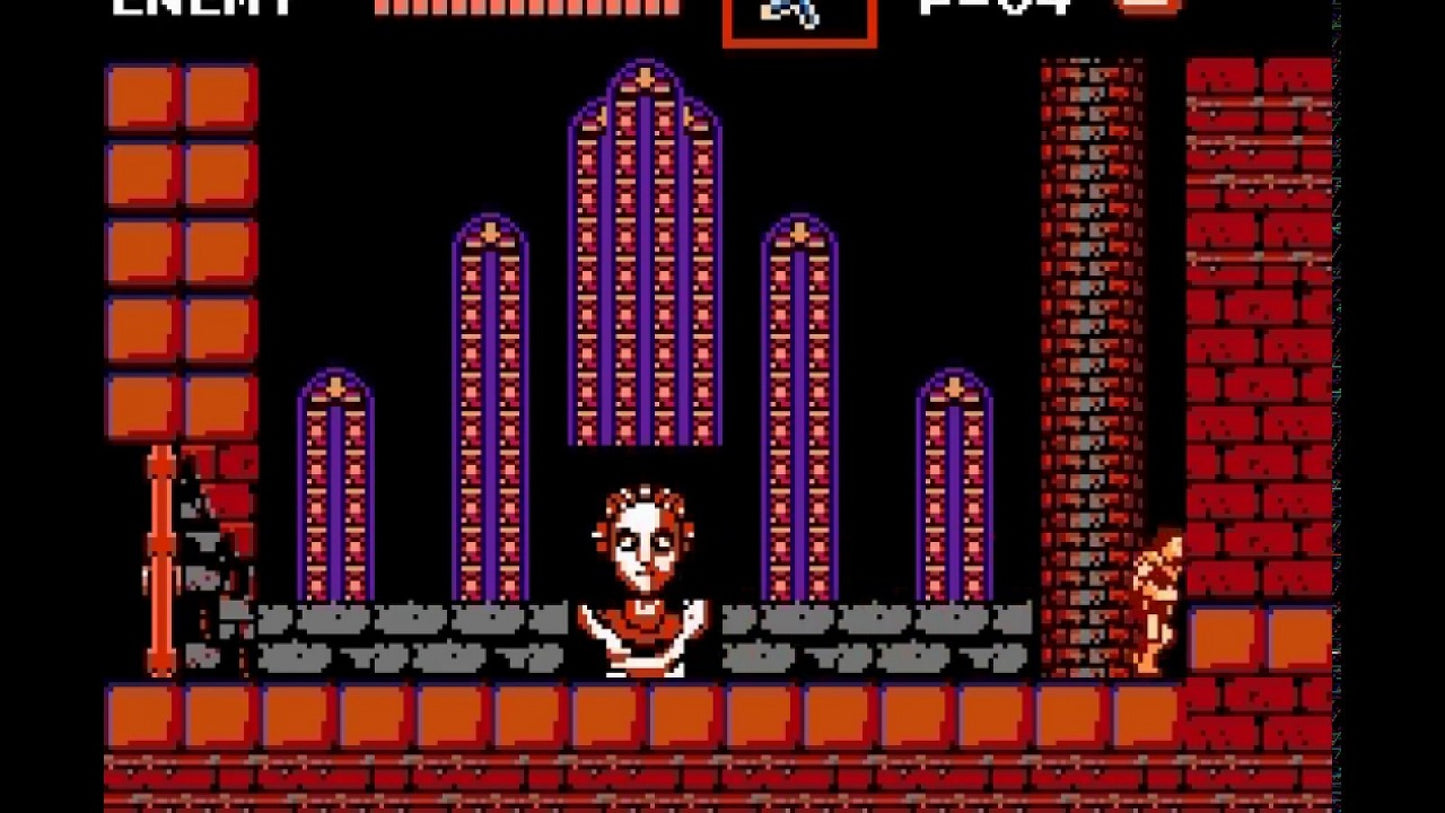 Castlevania cartridge for the Nintendo Entertainment System featuring a gothic 8 bit side scrolling action platformer with vampire hunting gameplay as Simon Belmont battling through Dracula’s castle gameplay