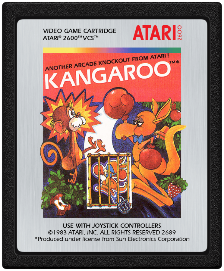 Kangaroo retro Atari 2600 video game featuring arcade platform gameplay, animal themed action, obstacle jumping challenges and classic Atari entertainment - cartridge