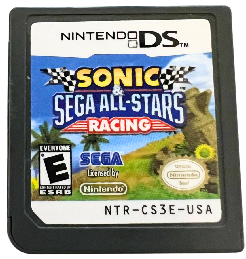 Sonic & SEGA All-Stars Racing for Nintendo DS, cartridge for an arcade racing video game with kart-style racing, character-based vehicles, power-ups, and competitive multiplayer gameplay