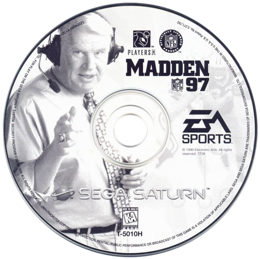 Madden NFL 97 Sega Saturn video game, football sports simulation, classic Madden gameplay, retro Sega console title disc