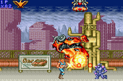 Contra Advance The Alien Wars EX for Game Boy Advance, gameplay for a run-and-gun shooter video game with side-scrolling gameplay, fast-paced combat, alien enemies, and classic arcade-style action