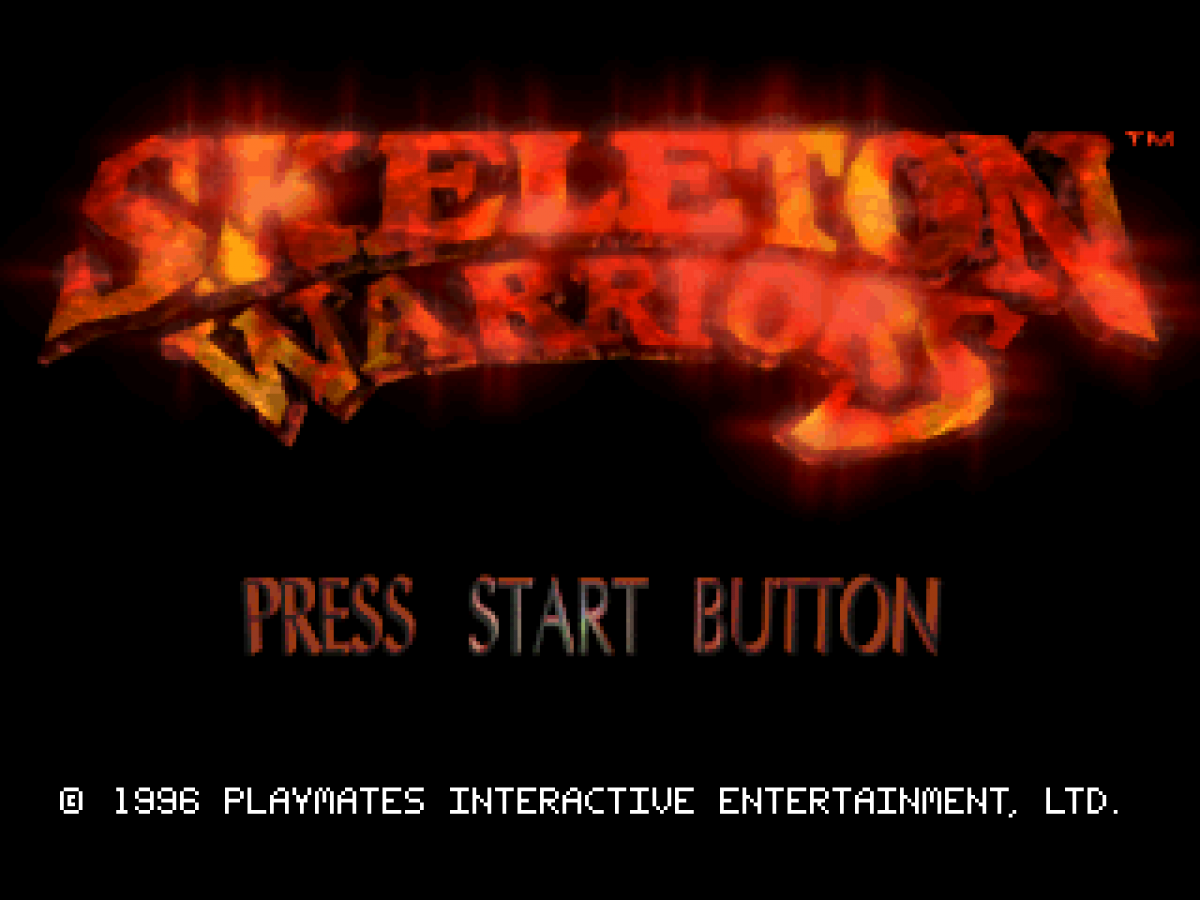 Skeleton Warriors PlayStation PS1 for action platforming video game fans featuring side scrolling combat fantasy adventure gameplay sword fighting supernatural enemies dark medieval environments challenging levels magical abilities animated visuals and classic PlayStation action adventure collectible gaming appeal start screen