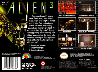 Alien 3 Super Nintendo Entertainment System SNES video game featuring sci fi action platforming gameplay Ellen Ripley character Xenomorph alien battles rescue missions prisoner survival pulse rifle combat flamethrower weapons hostile space colony environments timed challenges and classic 16 bit Nintendo action horror gameplay retro video game collection collectible gaming appeal back cover art