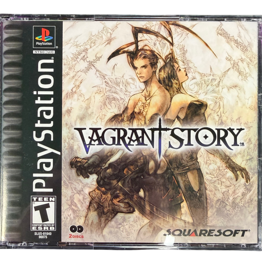 Vagrant Story PlayStation PS1 for action role playing video game fans featuring Ashley Riot dark fantasy adventure dungeon exploration real time combat weapon customization item crafting challenging enemies mysterious environments puzzle solving and immersive Square gameplay collectible gaming appeal cover art
