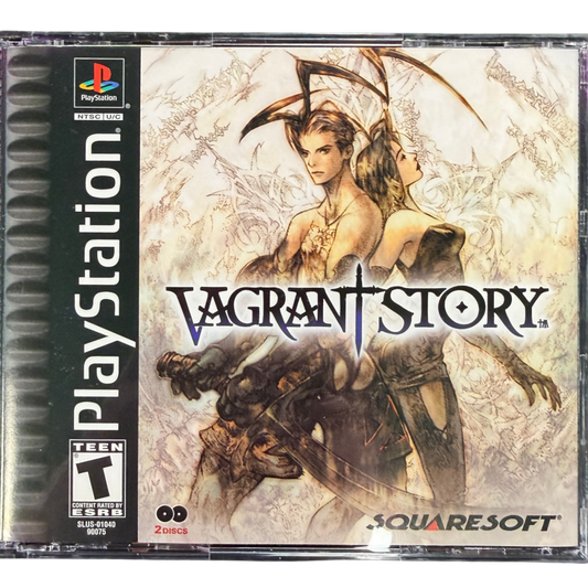 Vagrant Story PlayStation PS1 for action role playing video game fans featuring Ashley Riot dark fantasy adventure dungeon exploration real time combat weapon customization item crafting challenging enemies mysterious environments puzzle solving and immersive Square gameplay collectible gaming appeal cover art