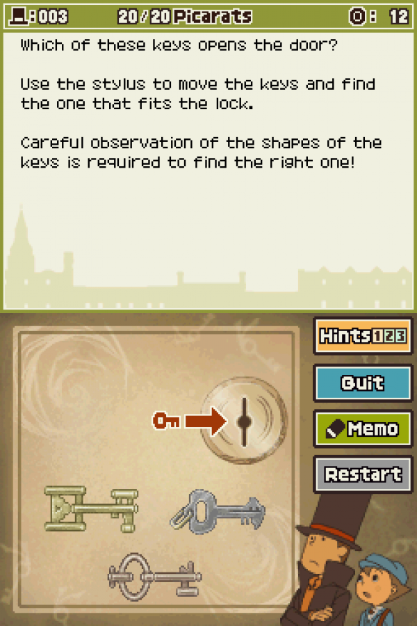 Professor Layton and the Diabolical Box Nintendo DS game featuring puzzle-solving adventure gameplay and story-driven mystery screenshot
