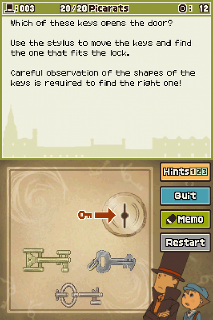 Professor Layton and the Diabolical Box Nintendo DS game featuring puzzle-solving adventure gameplay and story-driven mystery screenshot