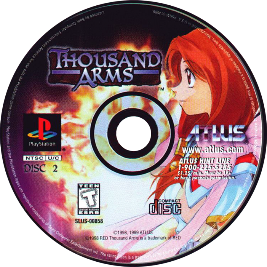Thousand Arms PlayStation 1 PS1 turn-based RPG dating sim hybrid cel shaded anime style weapon forging system romance routes multiple endings disc art