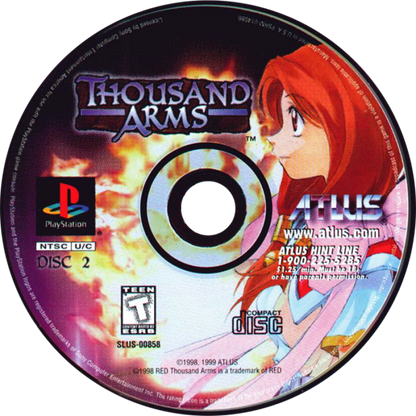 Thousand Arms PlayStation 1 PS1 turn-based RPG dating sim hybrid cel shaded anime style weapon forging system romance routes multiple endings disc art