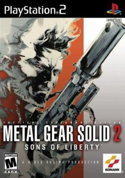 Metal Gear Solid 2: Sons of Liberty PlayStation 2 (PS2) cover art featuring stealth action gameplay with Solid Snake and Raiden in a cinematic espionage adventure.