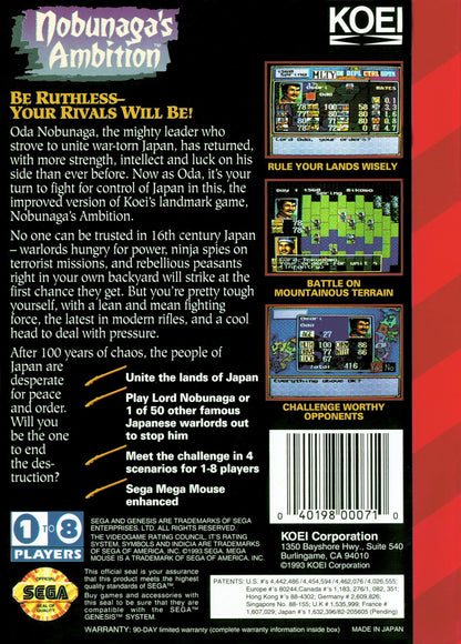 Nobunaga's Ambition Sega Genesis GEN for retro video game enthusiasts featuring historical strategy simulation gameplay feudal Japan conquest tactical warfare resource management diplomacy turn based decision making and collectible gaming appeal back cover