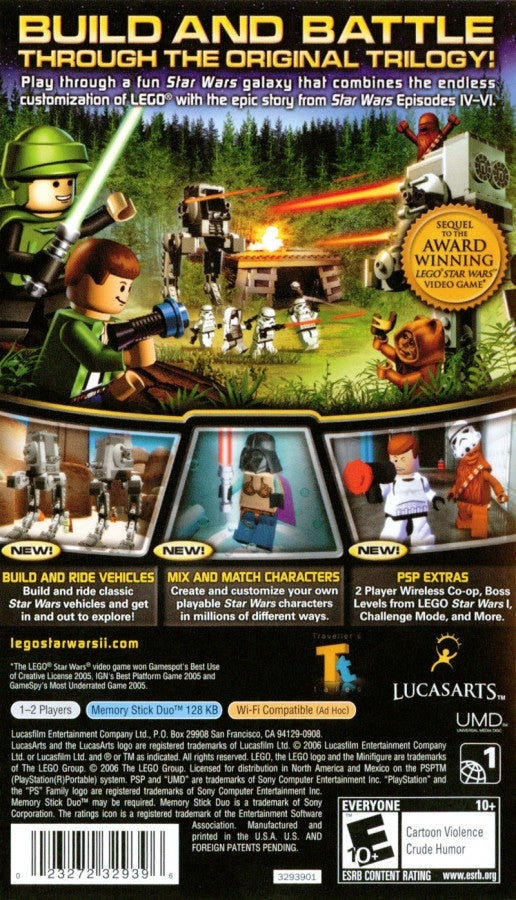 LEGO Star Wars II The Original Trilogy PlayStation Portable PSP for retro video game enthusiasts featuring action adventure gameplay LEGO styled Star Wars characters cooperative inspired puzzle solving platforming challenges iconic movie inspired missions humorous storytelling and collectible gaming appeal back cover 