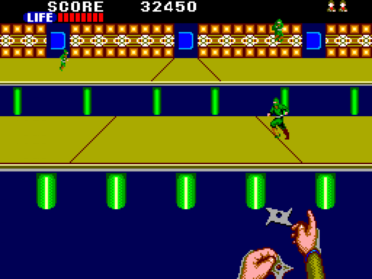 Shinobi Sega Master System SMS for action platforming video game fans featuring ninja combat side scrolling gameplay powerful attacks throwing weapons enemy battles challenging stages boss fights Japanese inspired environments and classic Sega Master System gameplay collectible retro gaming appeal gameplay