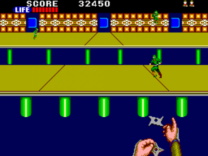 Shinobi Sega Master System SMS for action platforming video game fans featuring ninja combat side scrolling gameplay powerful attacks throwing weapons enemy battles challenging stages boss fights Japanese inspired environments and classic Sega Master System gameplay collectible retro gaming appeal gameplay