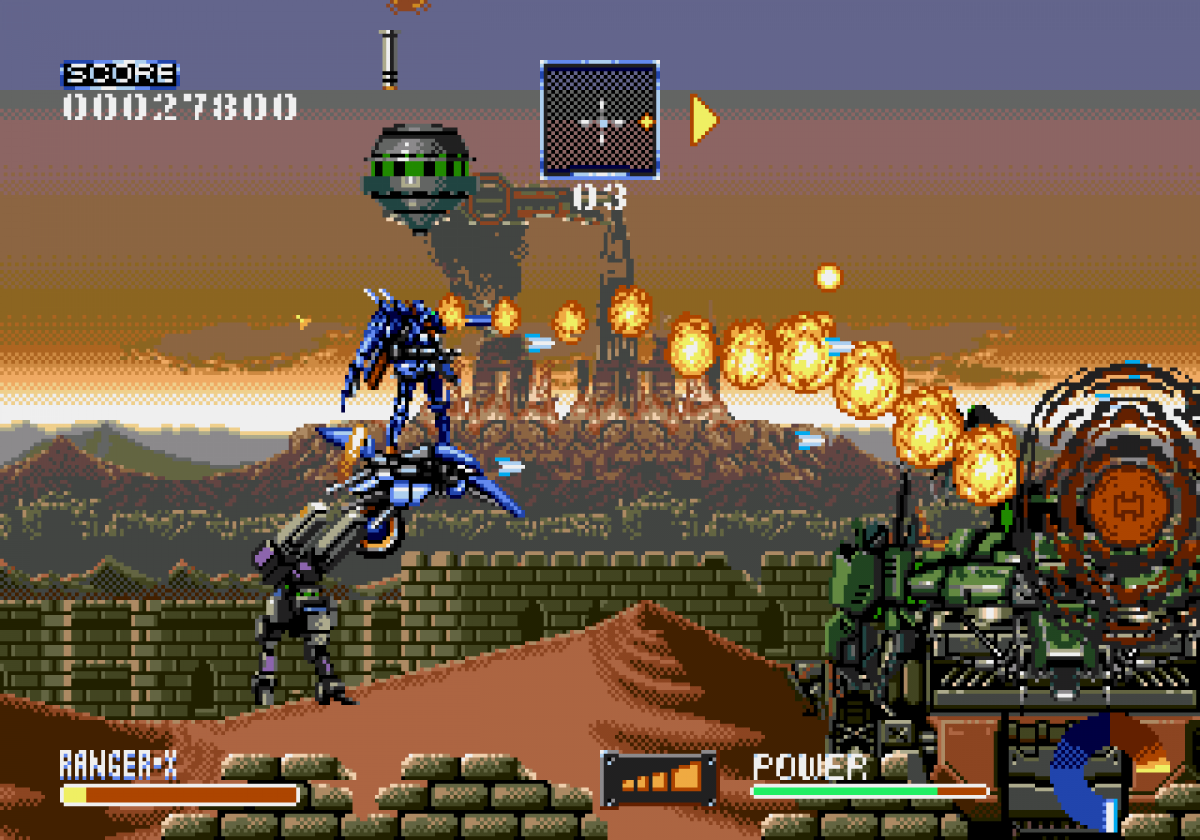 Ranger X Sega Genesis GEN for retro video game enthusiasts featuring side scrolling run and gun gameplay futuristic mech combat fast paced action challenging stages powerful weapon upgrades sci fi adventure and collectible gaming appeal gameplay 