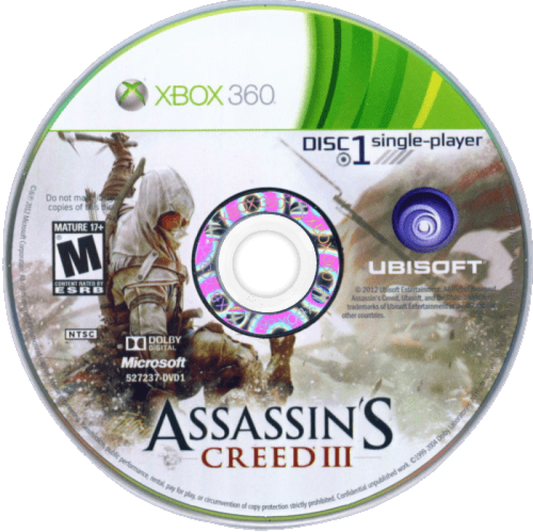 Assassin's Creed III disc 1 for Xbox 360 (X360) action-adventure video game