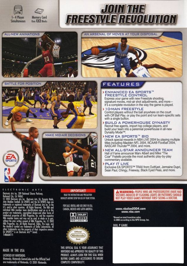NBA Live 2004 GameCube game featuring realistic basketball gameplay and authentic NBA simulation on Nintendo GameCube back cover
