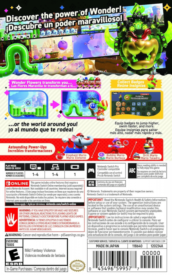 Super Mario Bros Wonder back of box for Nintendo Switch NS video game