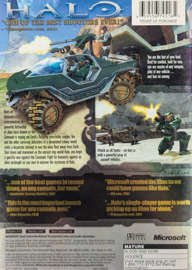 Halo: Combat Evolved [Game of the Year Edition] for Xbox (XBOX) featuring the iconic sci fi first person shooter with an epic campaign as Master Chief plus enhanced content in the GOTY release; battle the Covenant and Flood across varied missions with classic Xbox action and replayable multiplayer fun back cover