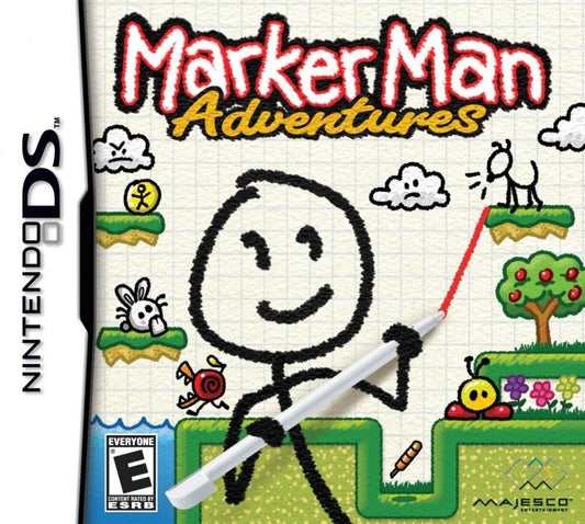 Marker Man Adventures for Nintendo DS, cover image for a puzzle platformer video game with drawing-based gameplay, creative level navigation, and stylus-controlled challenges