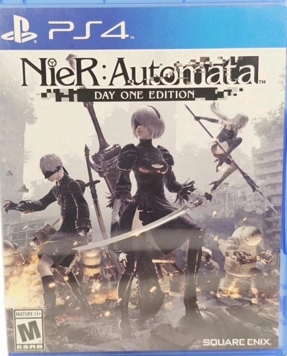 NieR Automata Day One Edition PlayStation 4 PS4 for retro video game enthusiasts featuring action role playing gameplay fast paced hack and slash combat futuristic sci fi world exploration multiple playable characters emotional storytelling dynamic combat systems and collectible gaming appeal front cover