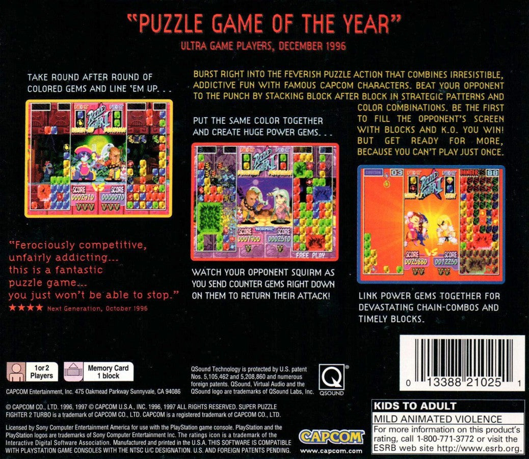 Back cover for Super Puzzle Fighter II Turbo PlayStation 1 game featuring competitive gem-matching puzzle gameplay with Capcom characters