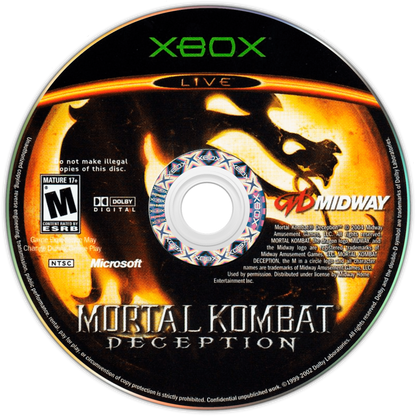 Mortal Kombat Deception Xbox game featuring brutal fighting gameplay, deep story modes, and expanded character roster with dark fantasy combat disk