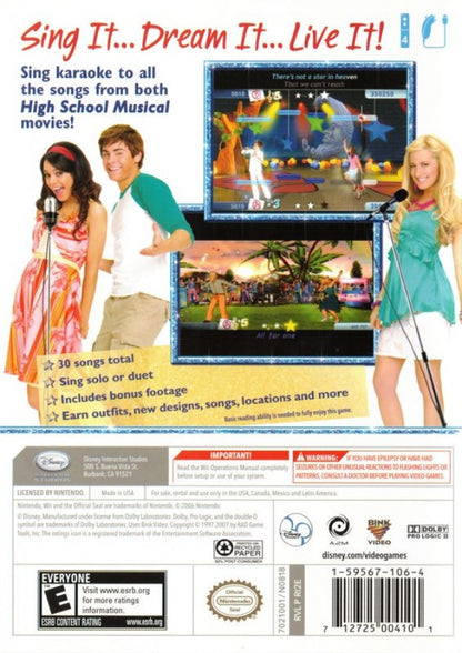 High School Musical Sing It Wii game featuring karaoke-style rhythm gameplay, popular songs from the High School Musical series, and family-friendly party fun back cover art