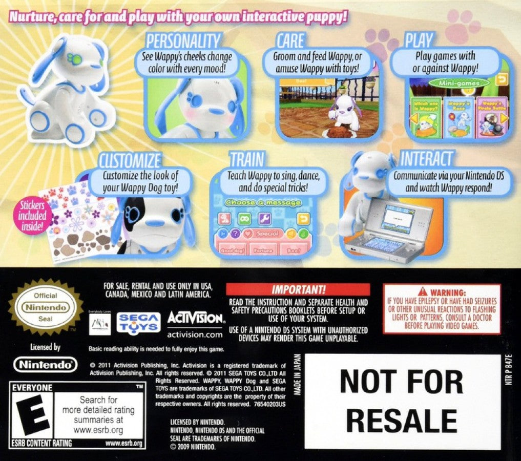 Wappy Dog for Nintendo DS, back of case for a pet simulation video game with interactive dog toy connectivity, mini-games, voice commands, and family-friendly gameplay