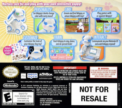 Wappy Dog for Nintendo DS, back of case for a pet simulation video game with interactive dog toy connectivity, mini-games, voice commands, and family-friendly gameplay