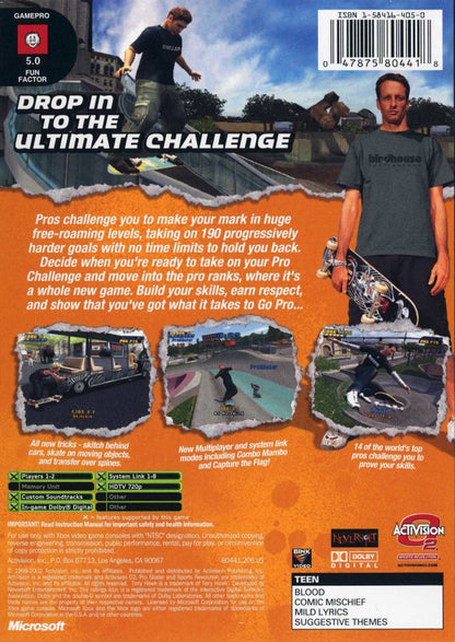 Tony Hawk's Pro Skater 4 Xbox inspired design featuring skateboarding sports action aesthetic legendary pro skaters massive trick combos open level exploration street and vert skating culture fast paced arcade gameplay nostalgic extreme sports presentation back cover