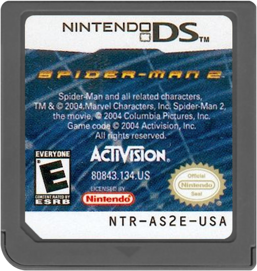 Spider-Man 2 Nintendo DS DS video game featuring superhero action adventure gameplay Marvel Spider-Man web swinging wall crawling web attacks crime fighting enemy battles New York City exploration platforming challenges superhero missions and classic Nintendo DS handheld gaming retro video game collection collectible gaming appeal game cartridge