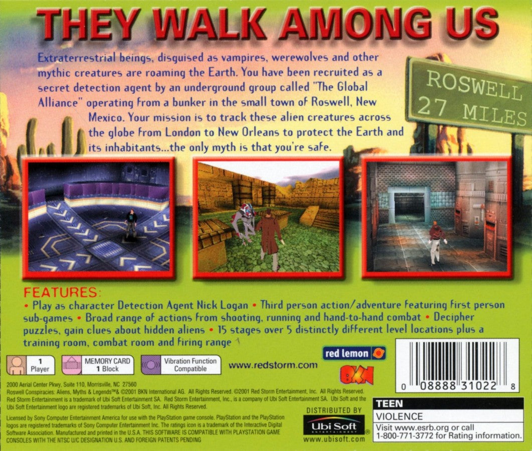 Roswell Conspiracies retro sci-fi action adventure game for PlayStation 1 (PS1) back of case